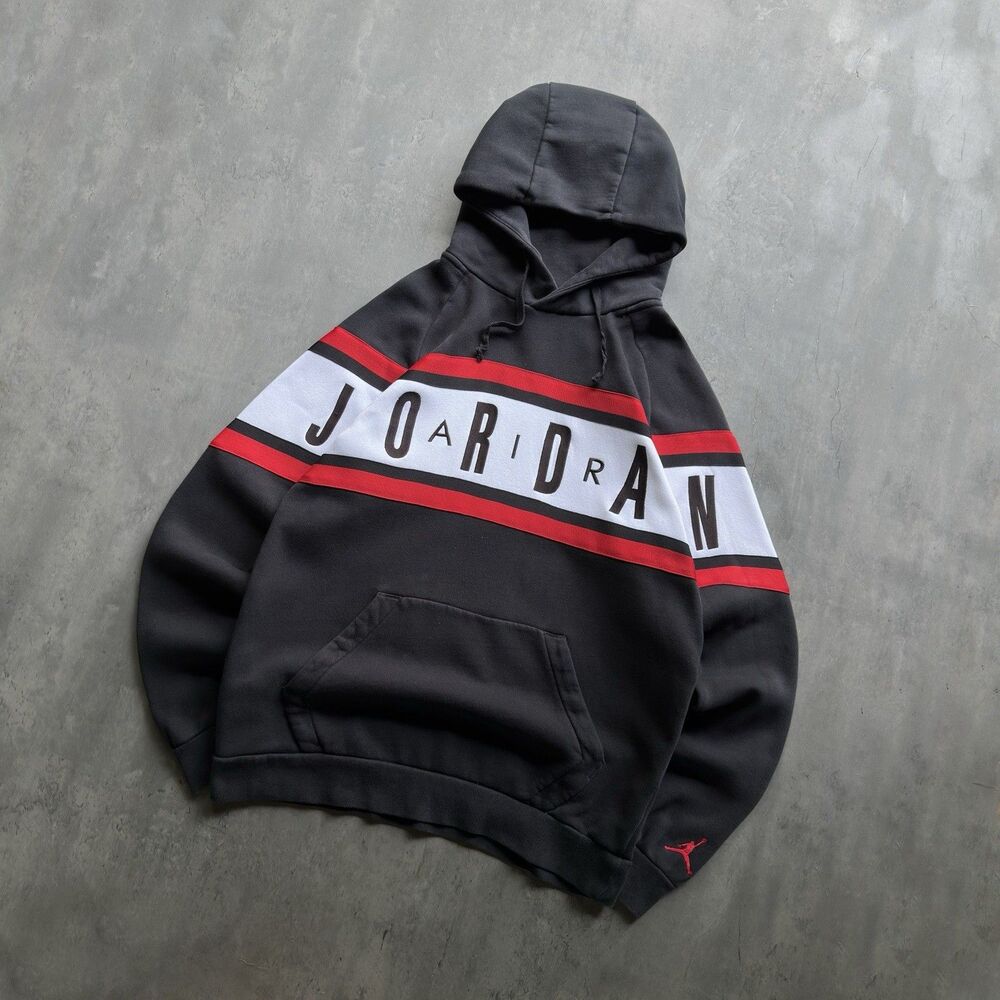 Y2K Air Jordan Spellout Hoodie Black Red White Mens Medium M Embroidered
